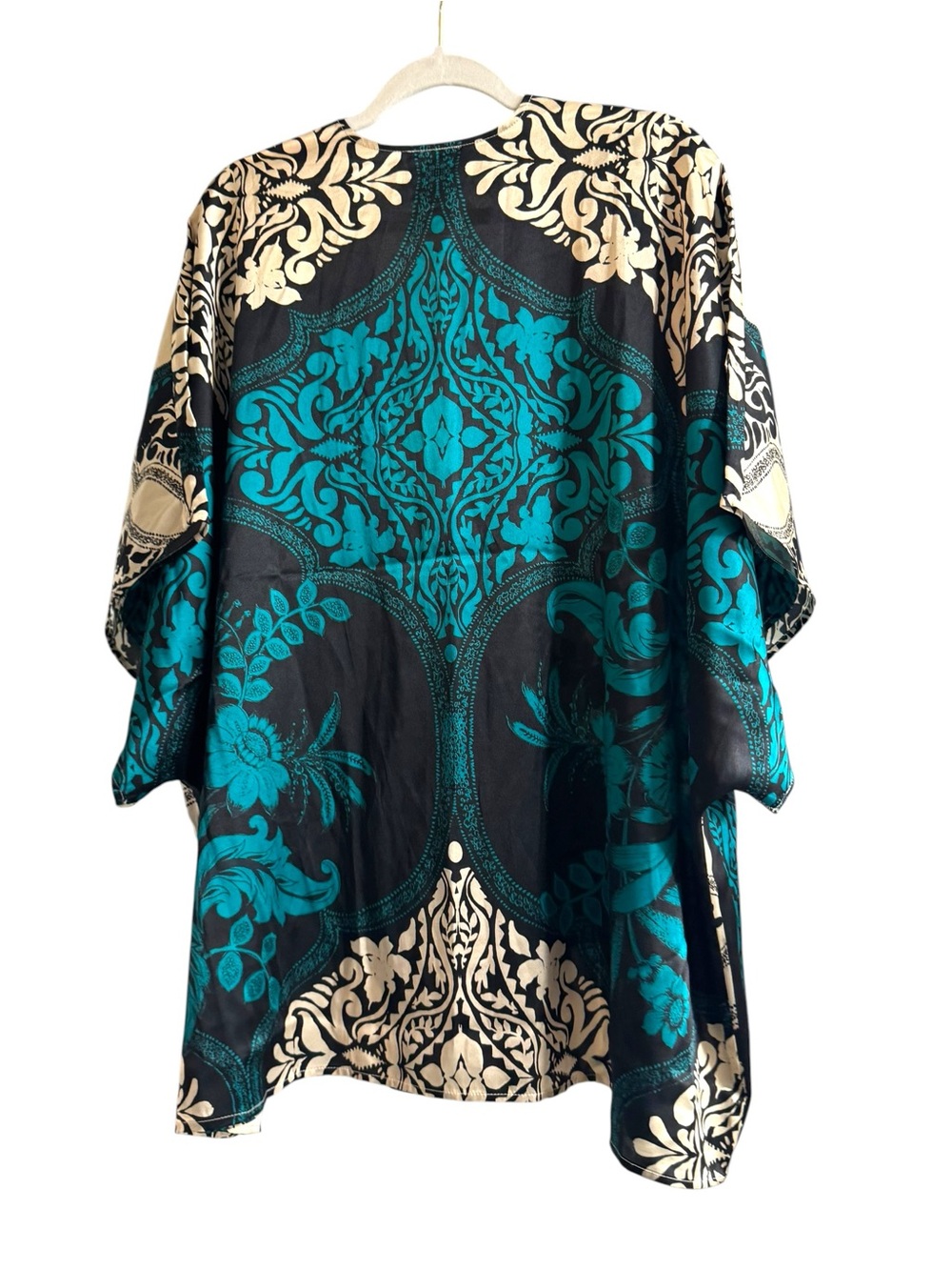 Johnny Was Emerald Green Black and Cream Floral Silk Kimono Top - Picture 4 of 7